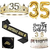 35th Birthday Gifts for Men, 35th Birthday Decorations for Men, Party Decor Supplies Including King Crown & Sash & Balloons & Cake Topper & Candles