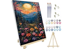 HYZSJ Paint by Number for Adults Framed Canvas, DIY Flowers Mountain Arts and Crafts for Adults Beginner with Wooden Easel, Paint Brushes, Acrylic Paint Set for Home Wall Decor（Sunset 11.8x15.7inch