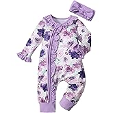 Von kilizo Baby Girl Clothes Infant Newborn Onesie Clothes for Baby Girls Long Sleeve Zip Closure Outfit with Headband