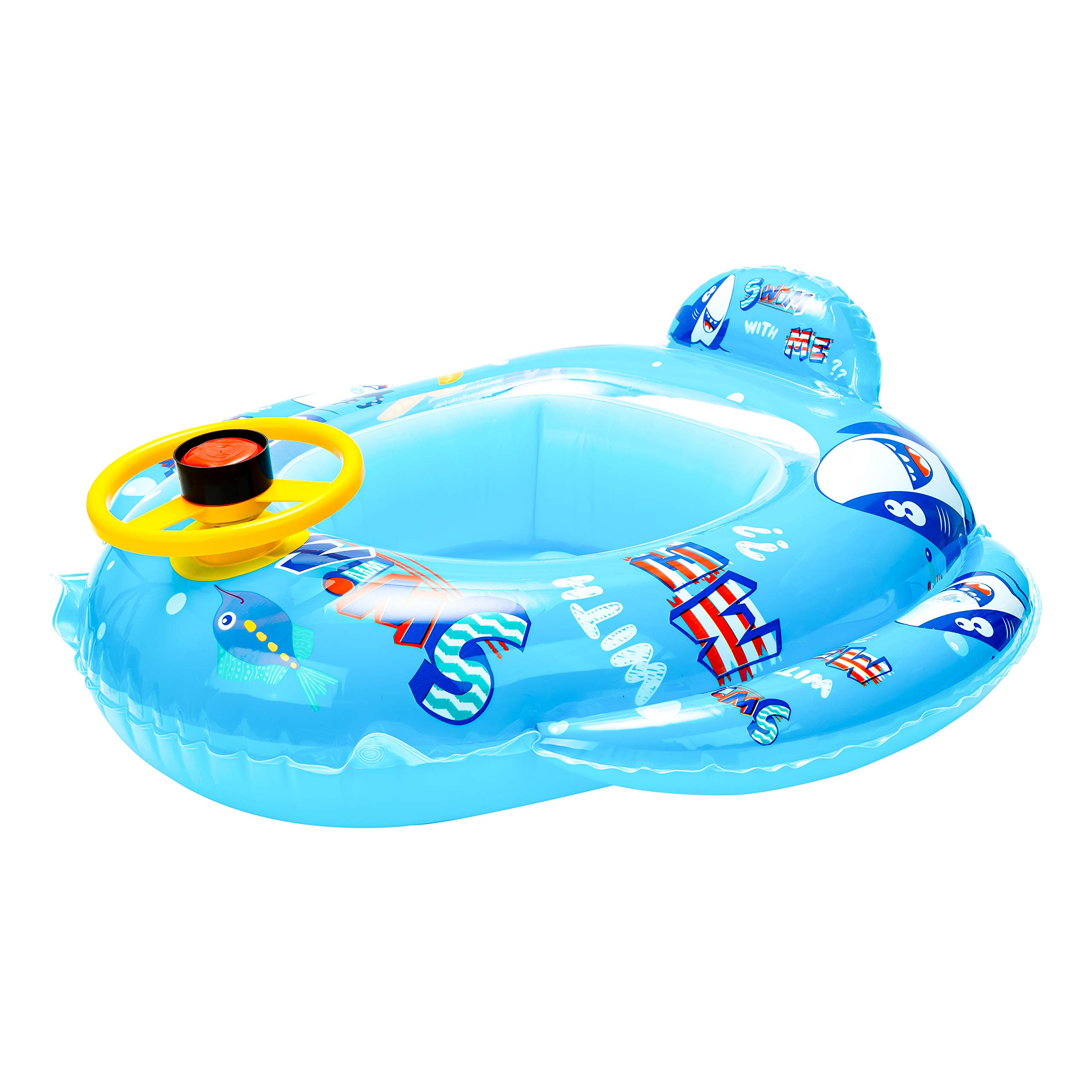 WATINC Baby Swimming Pool Float Blue Pool Float with Steering Wheel Inflatable Summer Baby Boys Girls Pool Toys Cartoon Swimming Ring for Kids Toddles Aged 9-36 Months