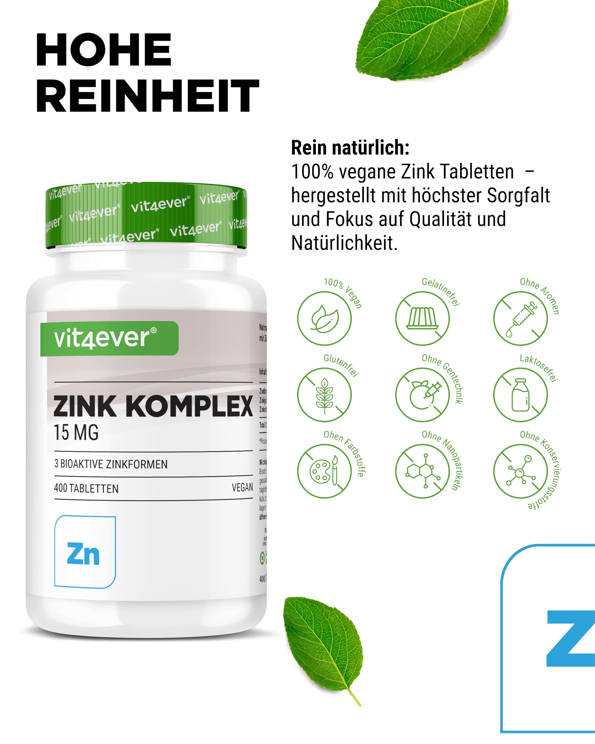 vit4ever Zink Komplex 15 mg - 400 Tabletten - 3 Zink-Formen 3
