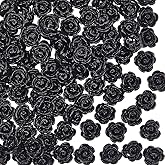 PONABEADIY 1 Box 150PCS Black Rose Beads with Holes Resin Flower Opaque Valentine Craving Acrylic Flatback Charms Loose Spacer Bead for Jewelry Making Bracelets Necklaces Earrings DIY Crafts Supplies