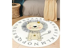 USTIDE Round Lion Kids Rug 4Ft,Alphabet Learning Area Rug Ultra Soft Crawling Play Mat Non Slip Throw Rug Cartoon Circle Carpet for Childs' Room Nursery Playroom Bedroom Decor(47.2")
