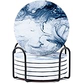 Onntec Blue Coasters for Drinks Marble Style,Absorbent Ceramic Coaster with Metal Holder Stand,House Warming Gifts Decor Set of 6 with Cork Base for Wooden Table