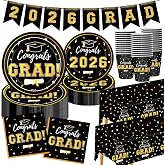 Graduation Decorations 2026 Disposable Black Graduation Tableware Kit for 25 Guests Plates Napkins Cups Tablecloth Hanging Graduation Party Decorations 2026