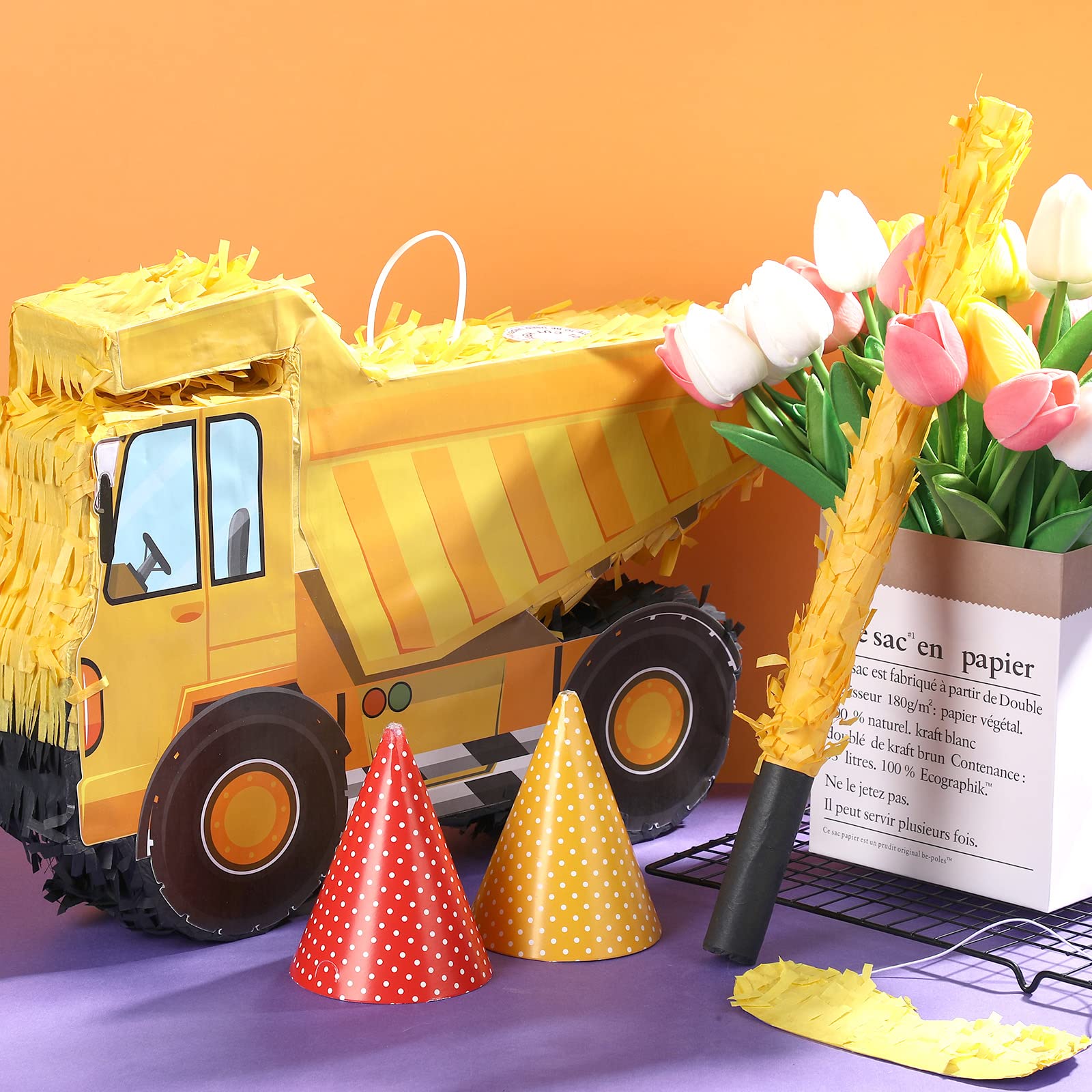 Aoriher Construction Dump Truck Piñata with Blindfold and Bat Party Decor Tractor Excavator Piñata for Boy Kids Truck Birthday Supplies