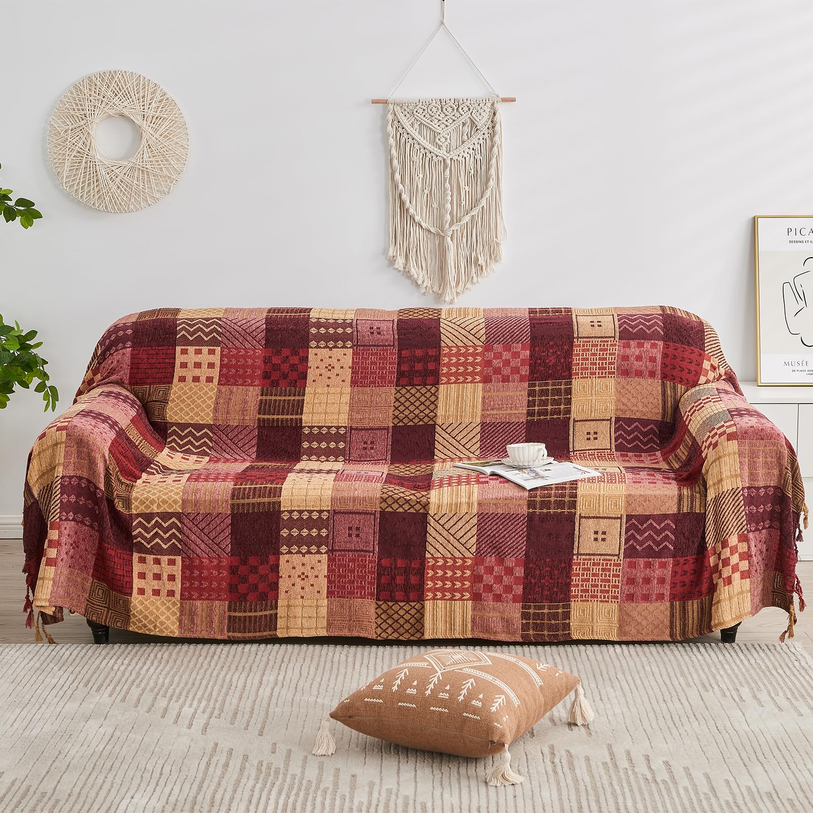Edcooy Boho Throw Blanket,Patchwork Large Blankets for Sofa Double Bed Armchair Couch,Weighted Soft Furniture Throws,Tassels Chenille Throws and Blankets for Bohemian Decor (L-220x260), XNE005