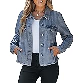 Vetinee Jean Jacket Women Trendy Button Down Long Sleeves Casual Distressed Frayed Hem Trucker Denim Jackets with Pocket