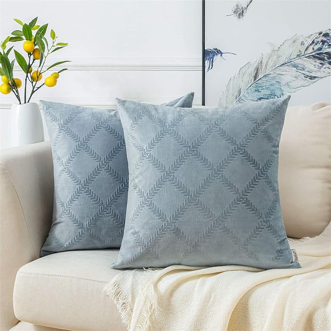 Topfinel Duck Egg Blue Velvet Cushion Covers 18x18 Inch Soft Leaf