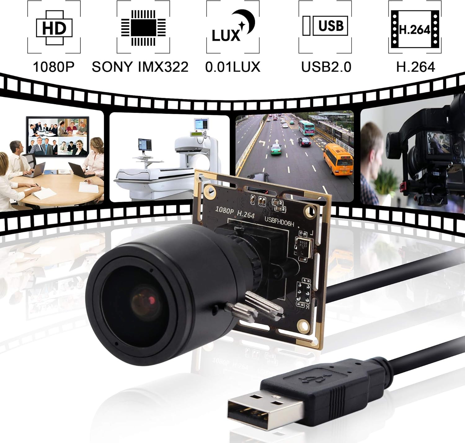 2MP Full HD 1080P USB Camera 2.8-12mm Varifocal Lens Webcamera with Sony IMX322 Low Illumination USB Camera Module H.264 Web cam Safety Pet Baby Home Webcam