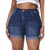 Gocolloa Womens Plus Size Jean Shorts Stretchy High Waisted Distressed Fold Hem Denim Shorts