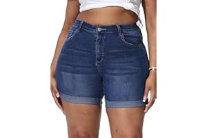 Gocolloa Womens Plus Size Jean Shorts Stretchy High Waisted Distressed Fold Hem Denim Shorts