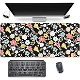 PBLJMJ Black Cartoon Flowers Desk Pad Mouse Pad,Floral Prints Extended Large Gaming Mouse Mat with Stitched Edges,Non-Slip Waterproof Rubber Base Mousepad for Office Work Home Desk Mat(27.5X11.8 in)