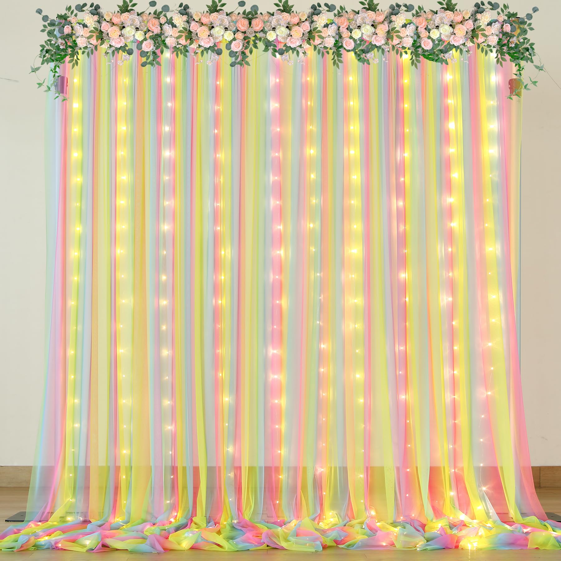 View 1 of Rainbow Sheer Backdrop Curtain with Lights String 10x8ft Rainbow Tulle Backdrop Curtains for Rainbow Birthday Party Baby Shower Photo Shoot Background Decorations