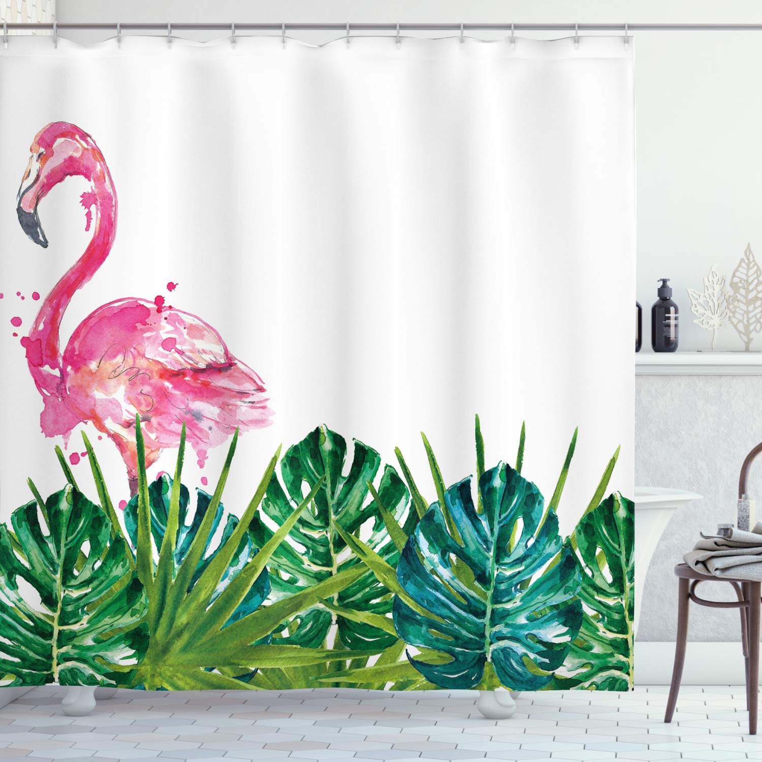 ABAKUHAUS Tropical Shower Curtain, Exotic Nature Botanical Artwork Leaves and Flamingo Watercolors Print, Cloth Fabric Bathroom Decor Set with Hooks, 70 Inches, Green Pink Blue