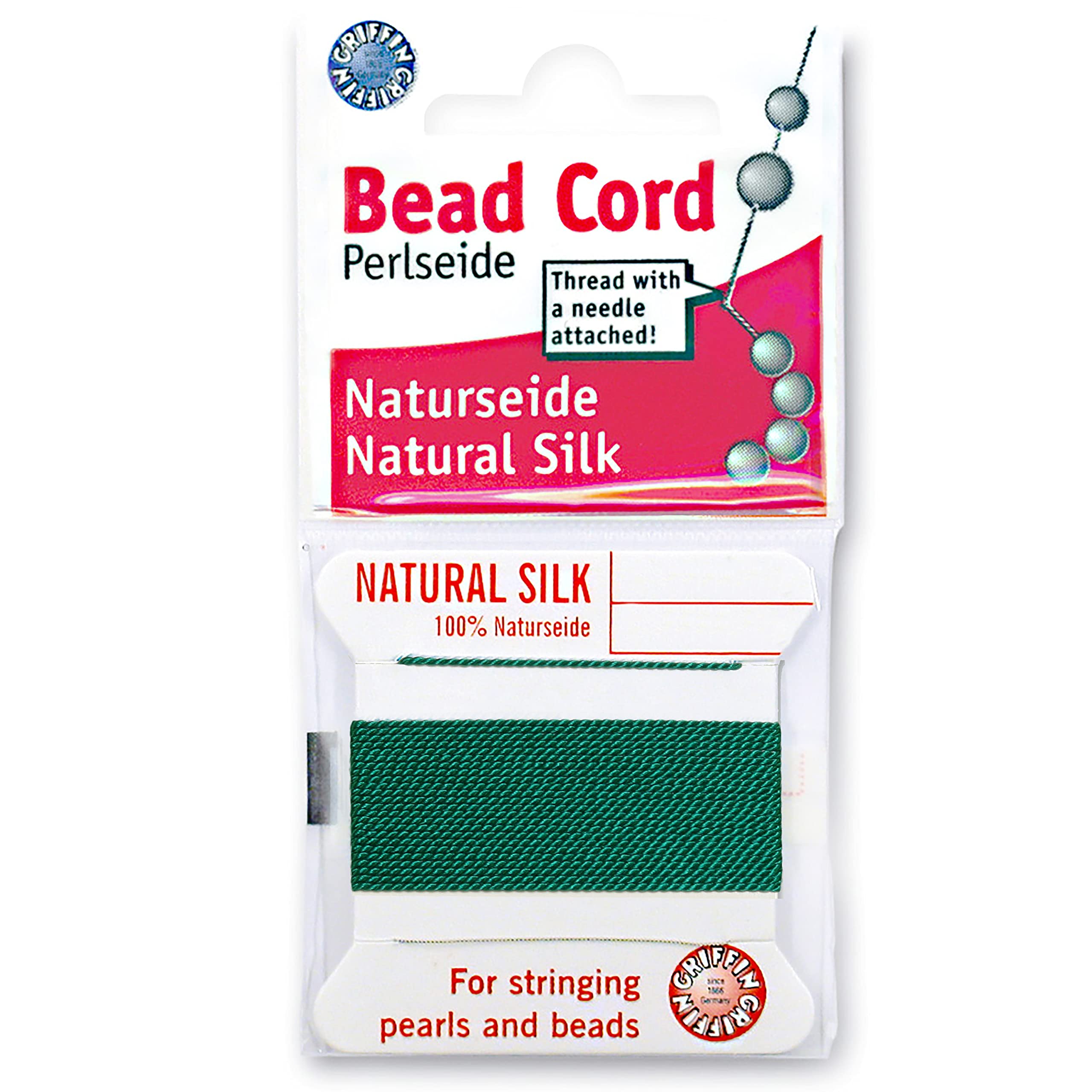Griffin Silk Bead Cord Perlseide – Green Color – Size 10 (0.90mm) – 2 Meters per Card – Stainless Steel Needle Attached – for Knotting Pearls, Gemstones, Crystals and Beads
