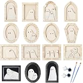 Simgoing Adult Halloween Craft, Wood Ghost DIY Fram, 12 Set, Ordinary Style | Unfinished Wood Craft, Unpainted Halloween Fall Arts and Crafts, Ghost Party Decoration, Paint and Brush, Include Glue