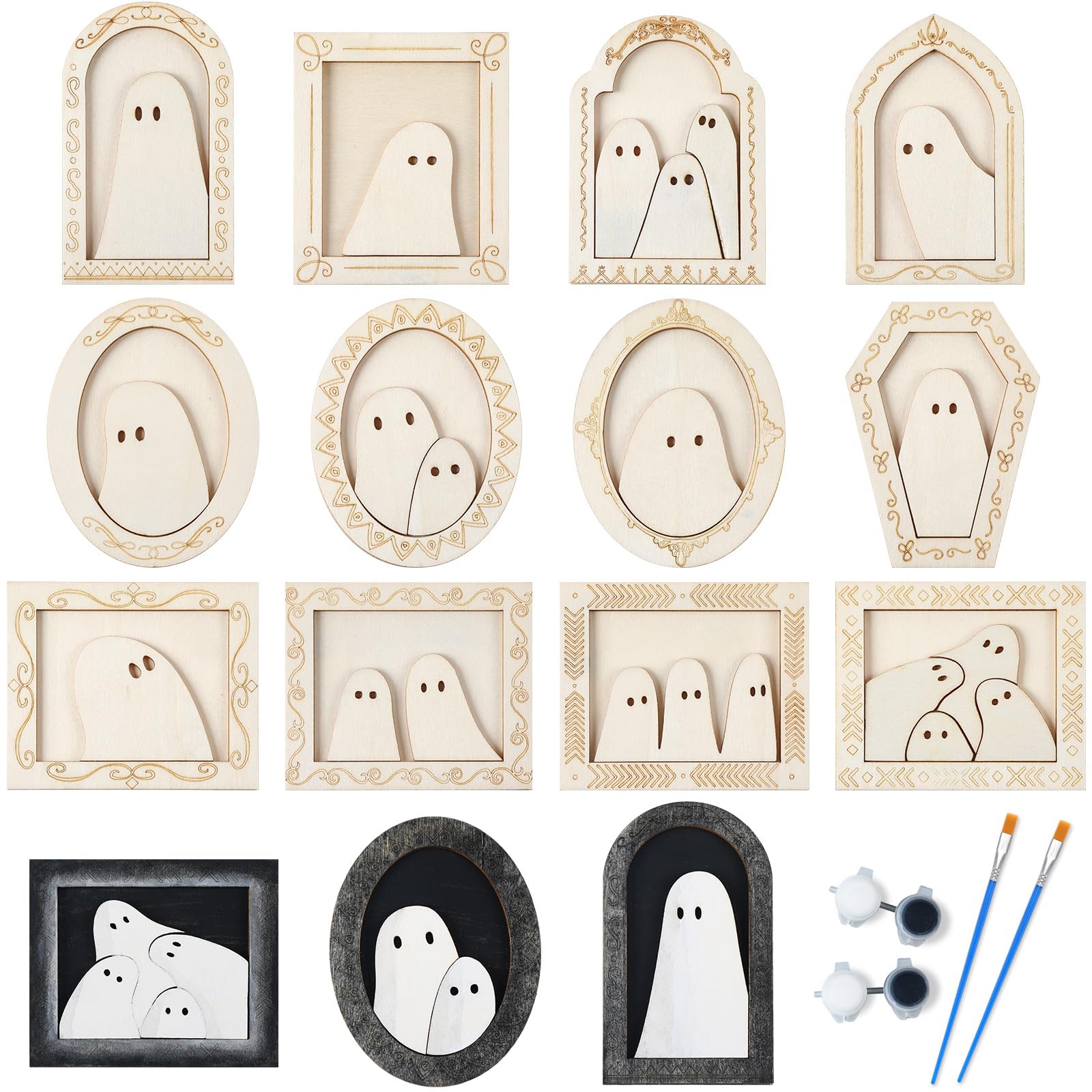 Photo 1 of Simgoing 12 Set Wood Ghost DIY Frames Decorating Craft with Paint and Brush Unfinished Wooden Gift Ornaments Cute Ghost for Halloween Craft Art Party Supplies, Not Include Glue (Ordinary Style)