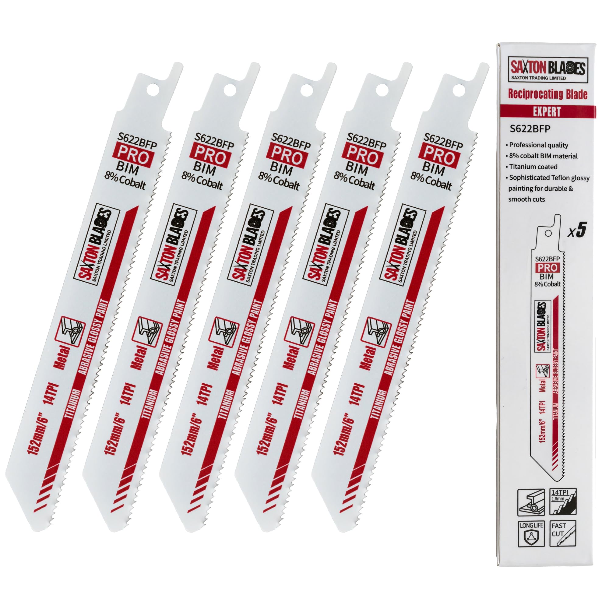 Saxton 150mm Professional Range Bi-Metal 8% Cobalt Reciprocating Saw Blade Heavy Duty – S622BFP – Pack of 5