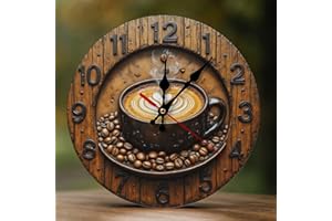 Nevjipu Decorative Wall Clocks Battery Operated - 10 Inch Modern Wooden Vintage Coffee 2D Print Non Ticking Silent Wall Clock