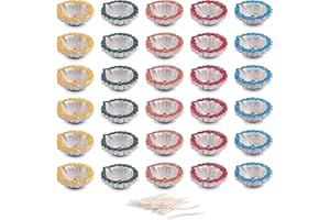 KSJONE 30 Pcs Hand Painted Diwali Decoration Diwali Clay Diya with Cotton Wicks Oil Lamp Indian Festive Home Decoration Traditional Temple Pooja Laxmi Puja Diyas Diwali Decor (Design 2)