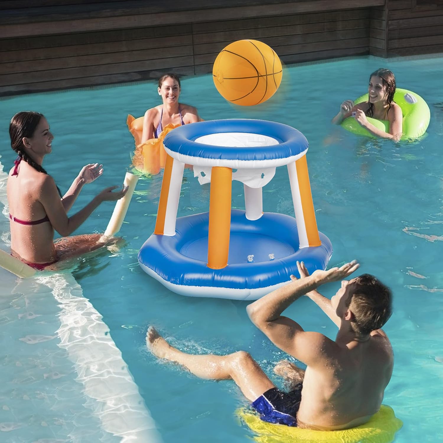 HOOJO Inflatable Pool Games Pool Volleyball Set & Basketball Hoop, Pool Toys for Teens and Adults, 2-Balls Swimming Pool Toys with Volleyball Court(105''x35''x28'' ) & Basketball (27''x27''x23): Toys & Games