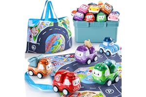 Kiddiworld Mini Car Toys for 1 Year Old Boy Gifts, 12 Sets Pull-Back Trucks with Playmat/Storage Box for Toddlers Age 1-2, Baby Toys 12-18 Months, 1st Christmas Birthday Gifts for One Year Olds