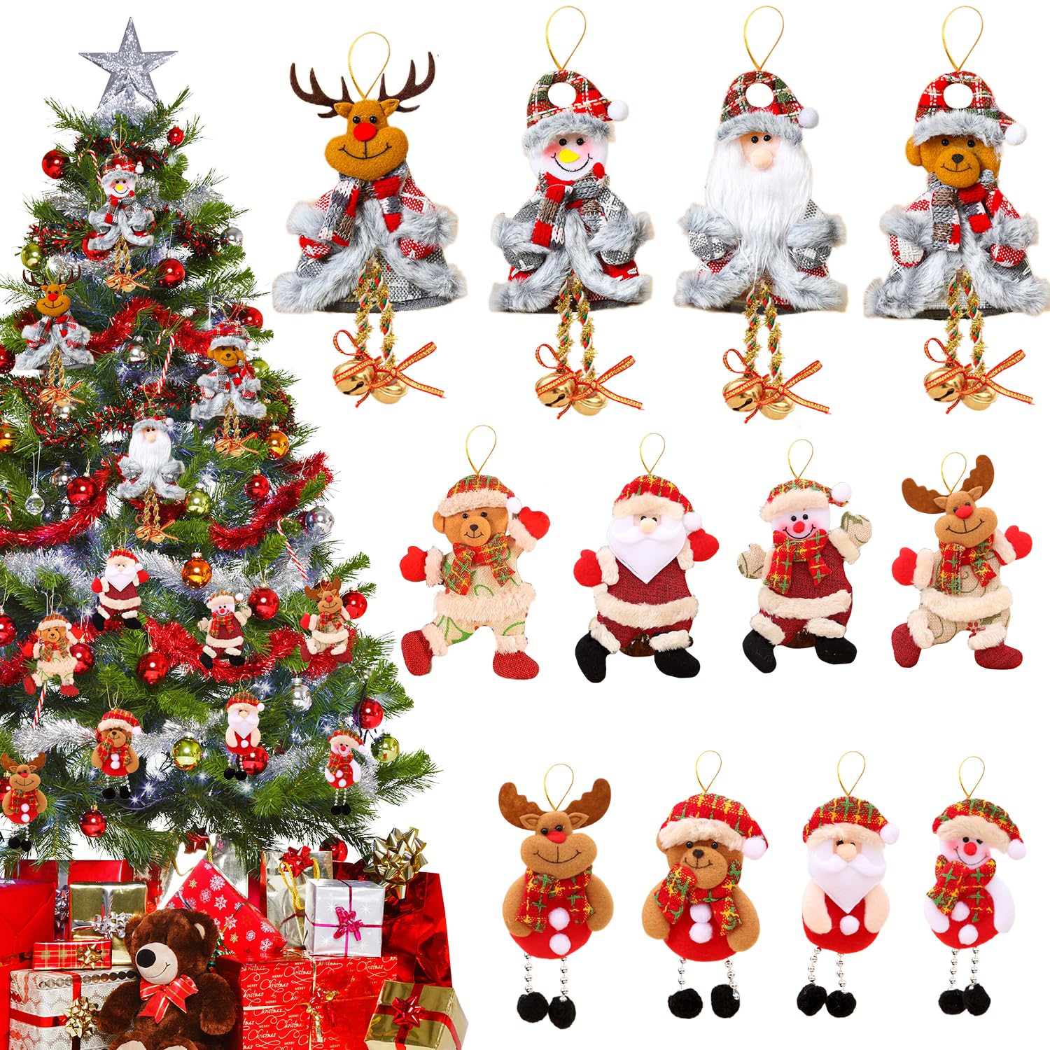 12PCS Mini Christmas Tree Hanging Ornaments Set, Christmas Tree Decoration Santa Claus Snowman Reindeer Bear Hanging Pendant for Indoor Holiday Decor