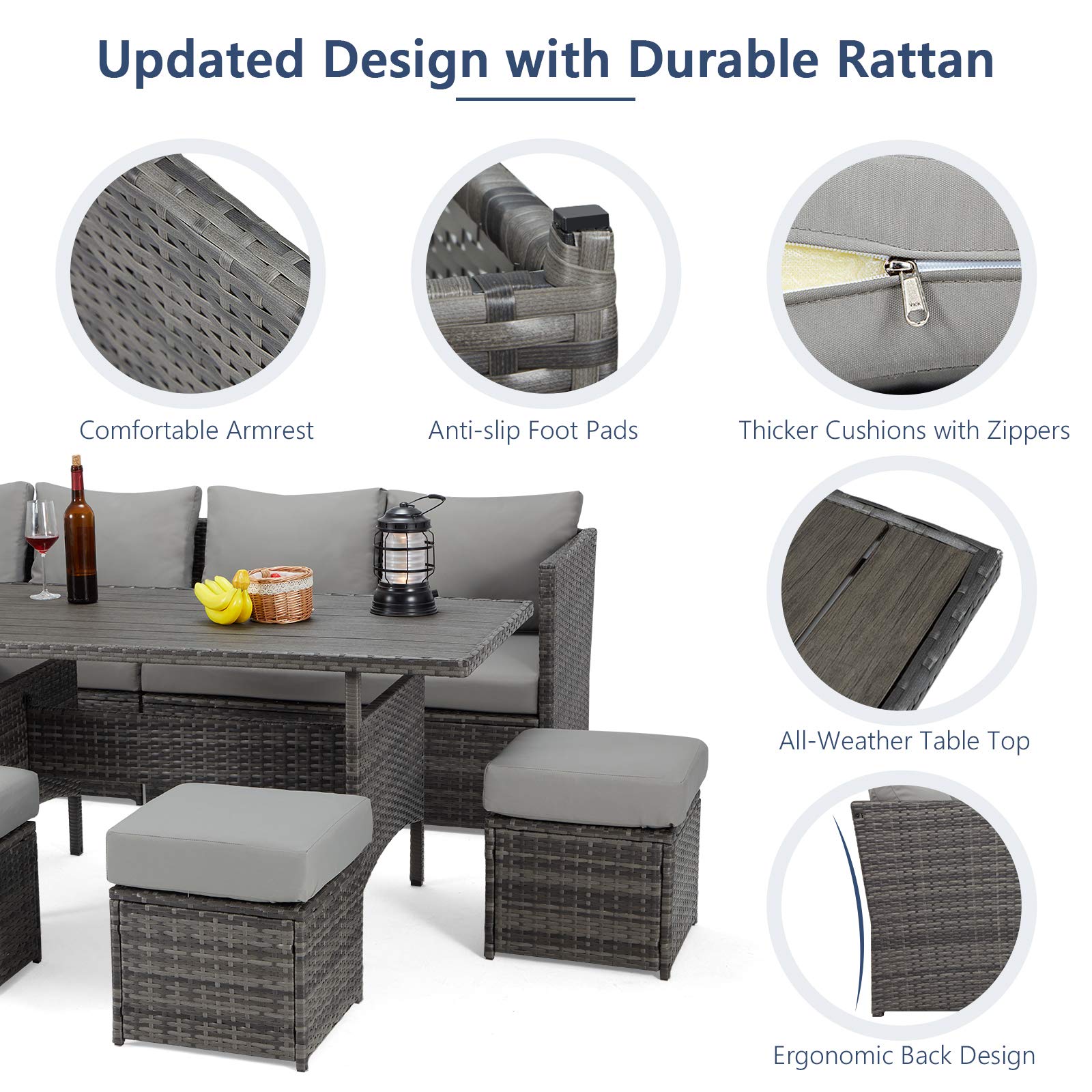 table only.     Patio Furniture Set Outdoor Sectional Sofa Conversation Set All Weather Wicker Rattan Couch Dining Table & Chair with Ottoman, Gray