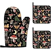 Mushroom Oven Mitts and Pot Holders Sets Cute Oven Gloves Heat Resistant 4 Pcs Funny Decorative Kitchen Hot Pads and Mitts for Baking Cooking Grilling