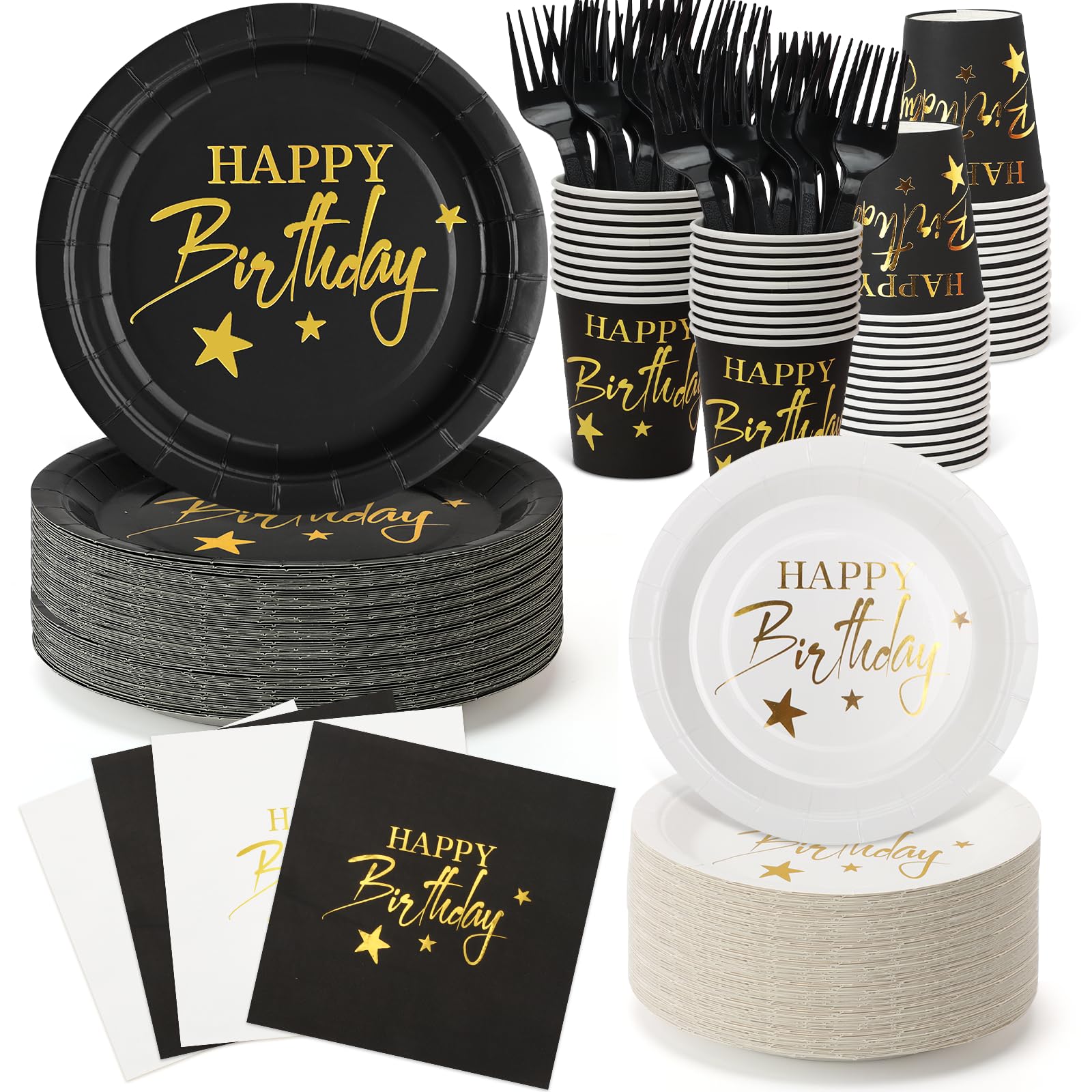 Photo 1 of Happy Birthday Plates and Napkins and Cups Party Supplies,50 Guests Birthday Tableware Set – Gold Foil “Happy Birthday” Design – Men,Boys,Adult Parties Decorations