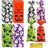 200 Pieces Halloween Candy Treat Bags, Halloween Goodie Bags, Clear Treat Bags Bulk for Halloween Party Favor Supplies Trick 