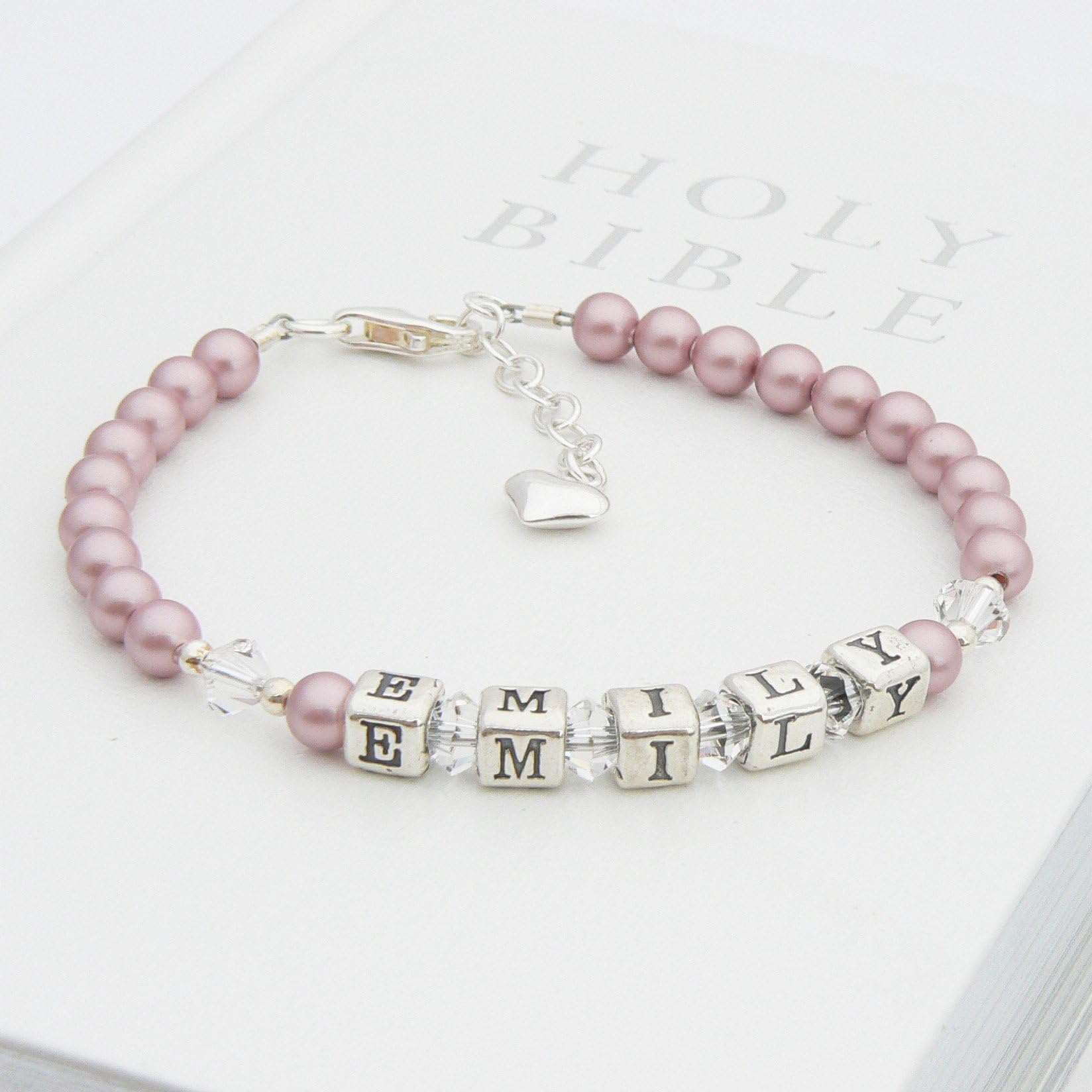 Vintage Rose Pearl and Sterling Silver Christening Name Bracelet