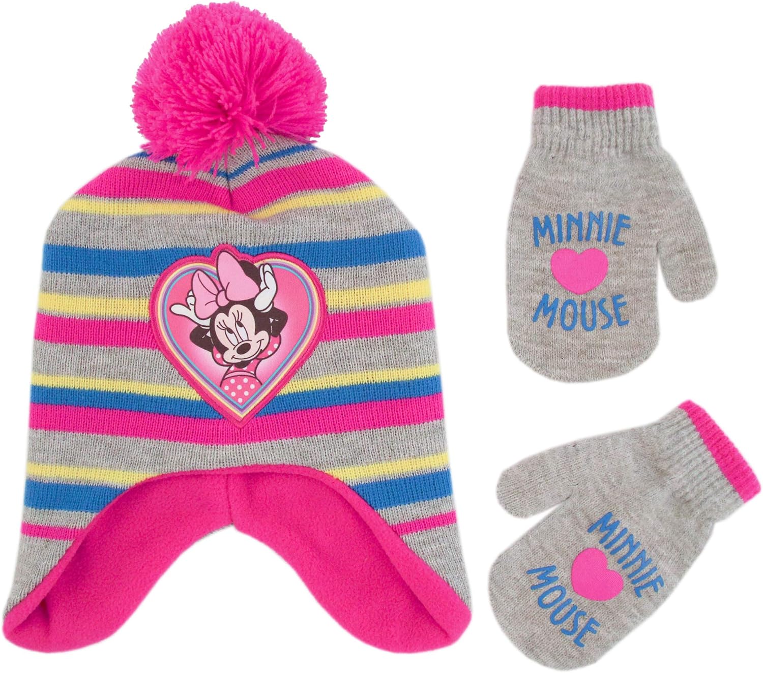 Disney Girl Winter Hat Set, Minnie Mouse Kids Beanie and Gloves Or Mittens for Age 4-7: Clothing