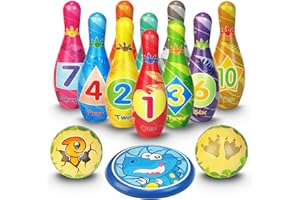 BALLAZIO Kids Bowling Toy Set,10 Pins & 2 Balls & 1 Frisbee,Made of Soft PU Material,Ages 3+,Safe Baby Bowling Balls for Boys & Girls,Fun Indoor Bowling Game for Toddlers (Dinosaurs)