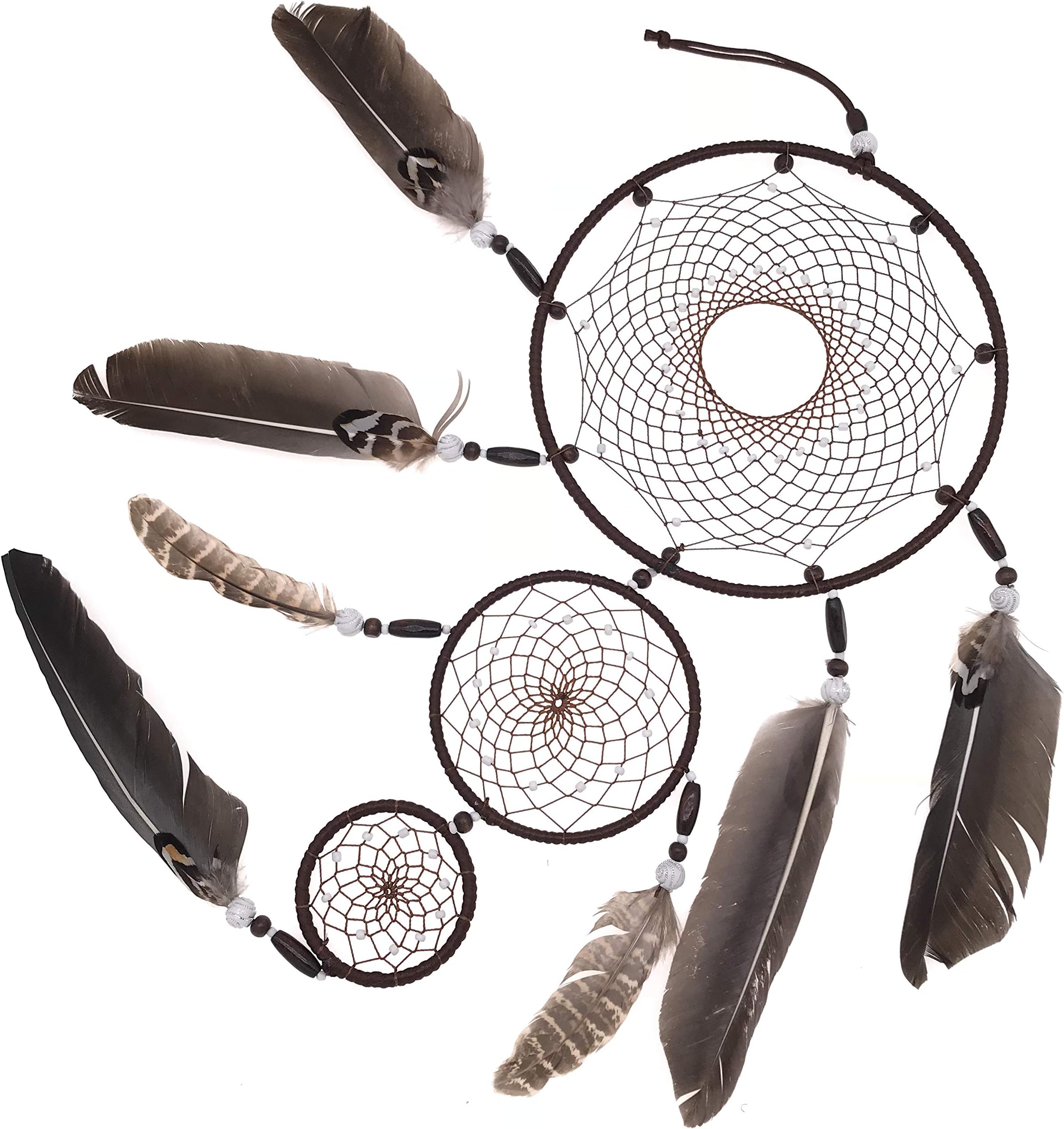 Gift&Hanging Decor Large Brown Dream Catcher 8x31 Inch Beaded Nature Feathers with 3 Handmade Weave Webs Boho Hippie Native American Wall Hanging for Bedroom Baby Shower Party Living Room Home Decor