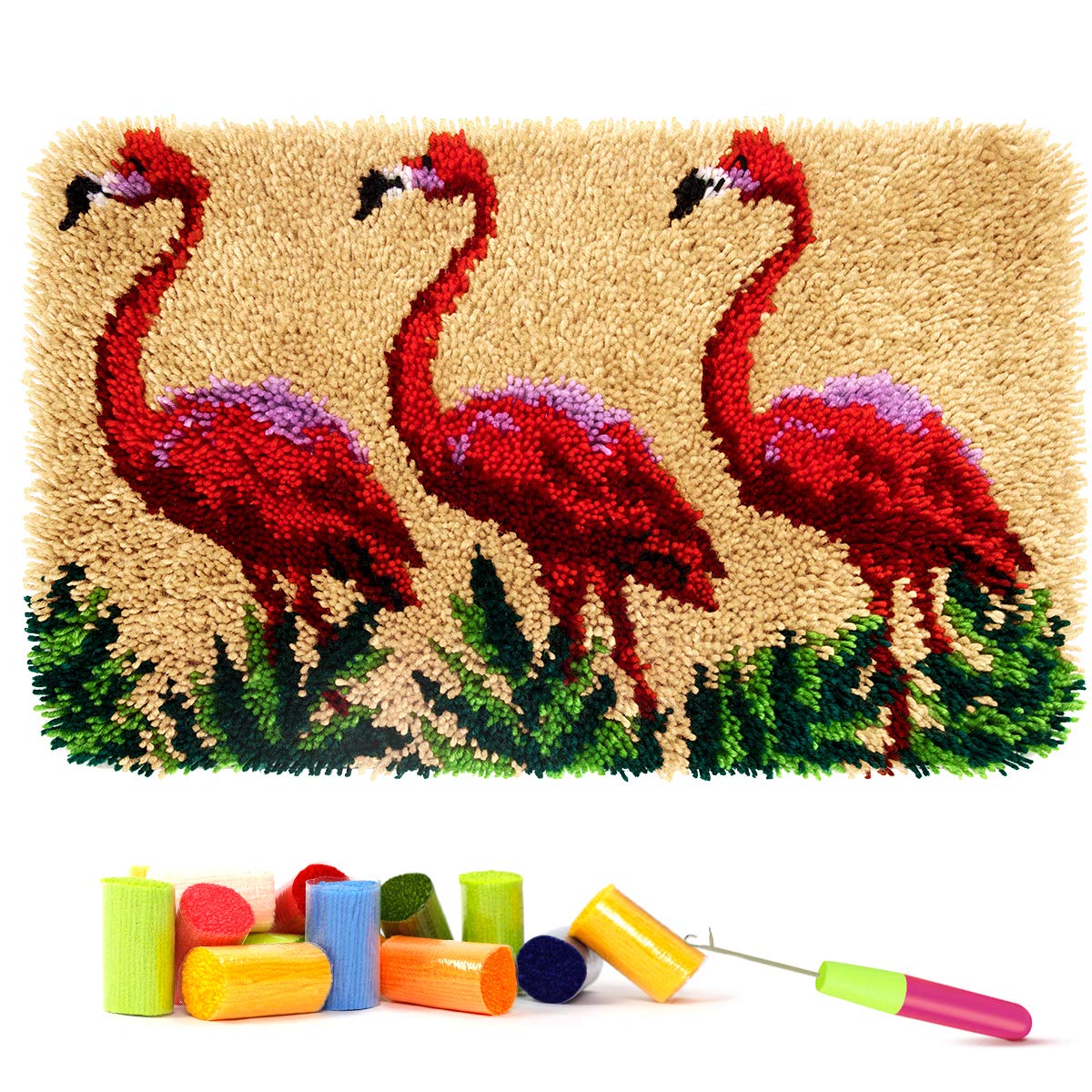 Latch Hook Kit for Adults & Kids - Flamingos Pattern 60x40CM, Complete DIY Rug Making Craft Kits with Yarn & Canvas and Crochet Needle, Adult Craft Kits for Women, Relaxing Home Art Project — image 1