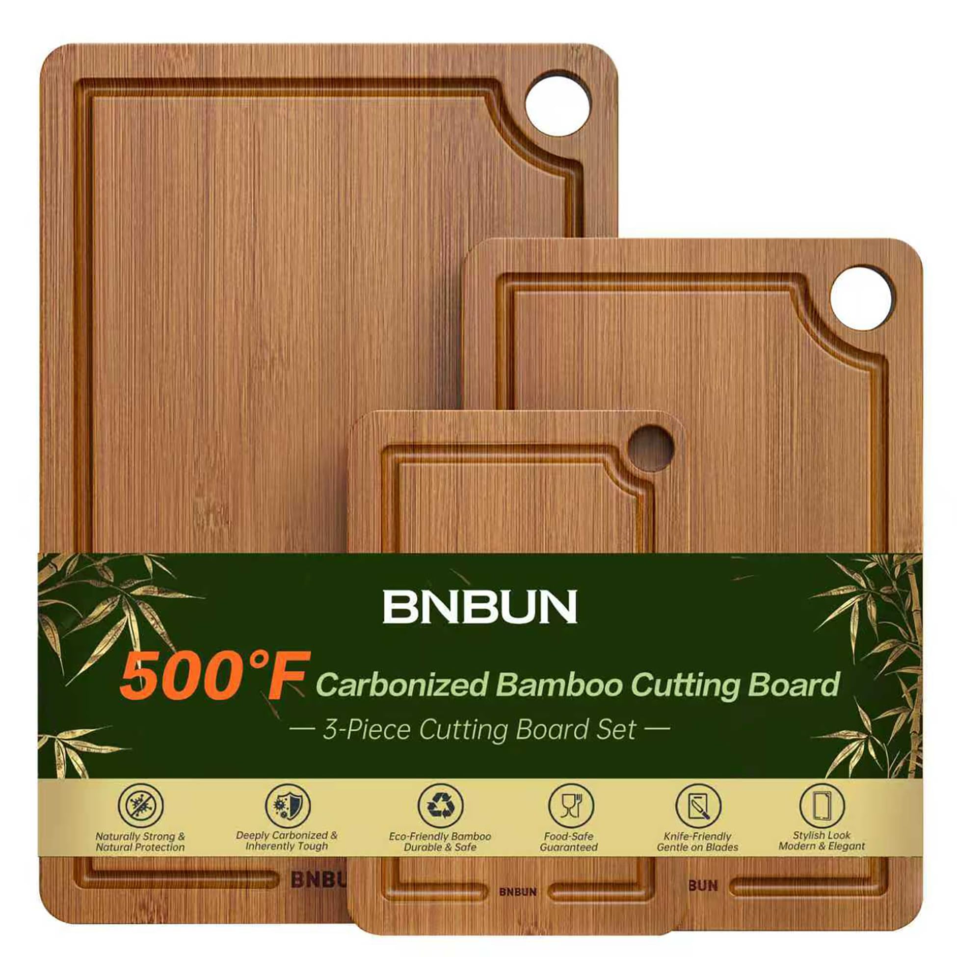 Photo 1 of Bamboo Cutting Board for Kitchen Meal Prep & Serving, 3-Piece Wooden Set with Juice Grooves, Side Handles, Non-Slip Mats – Ideal for Meat, Veggies, Fruit – Ideal Gift for the Home