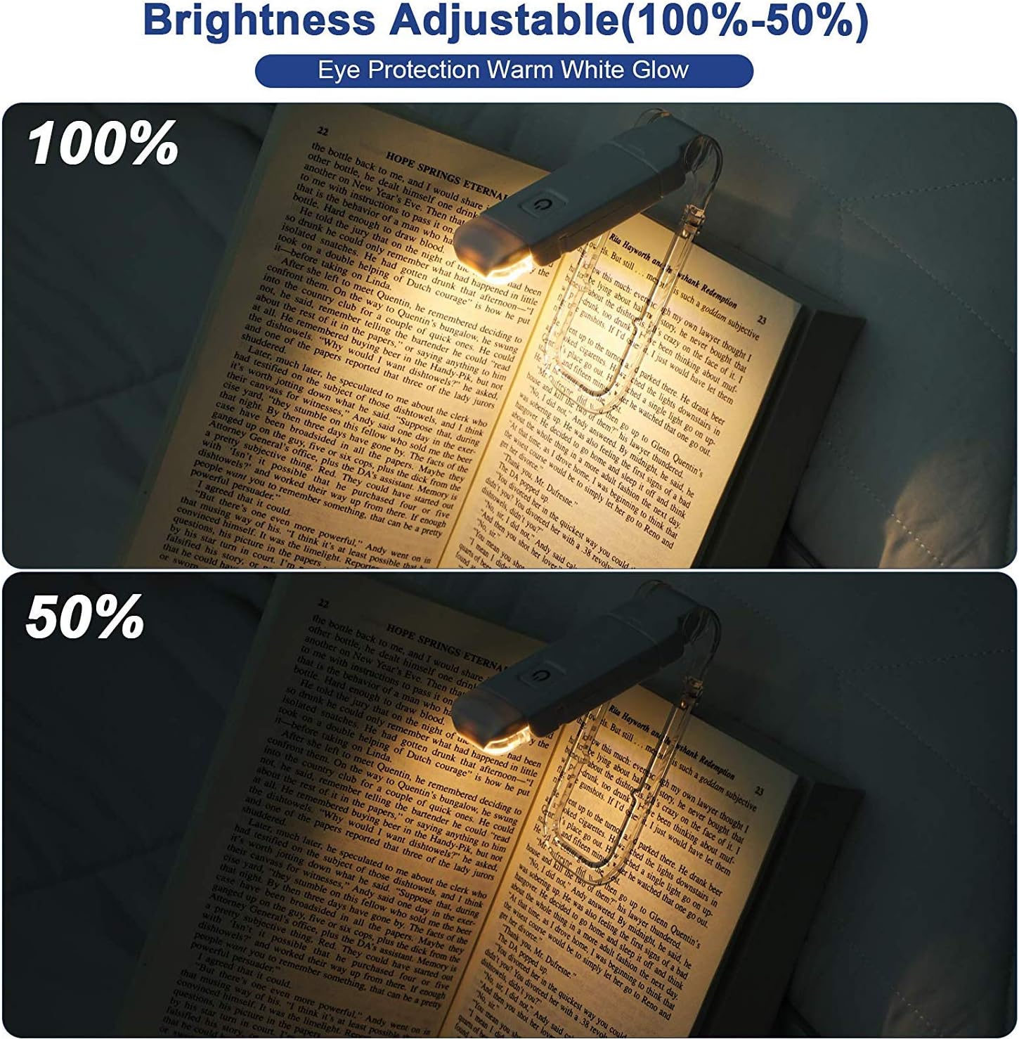 DEWENWILS USB Rechargeable Book Reading Light, Warm White, Brightness Adjustable for Eye-Protection, LED Clip on Book Lights, Portable Bookmark Light for Reading in Bed, Car - - 