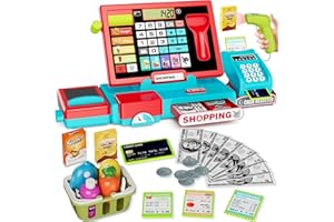 HYES Kids Cash Register Toy Playset with Real Calculator, Toddler Pretend Play Store incl Scanner/Credit Card/Play Money/Conveyor/Food Toys, Learning Toys Gifts for Boys Ages 4-8 8-12, Red