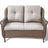 ACTREST Patio Loveseat Outdoor Wicker Sofa - Heavy Duty All-Weather Brown Rattan 2-Person Sofas with High Back and Comfortable Thick Cushions for Garden Back Porch Poolside Apartment - Beige