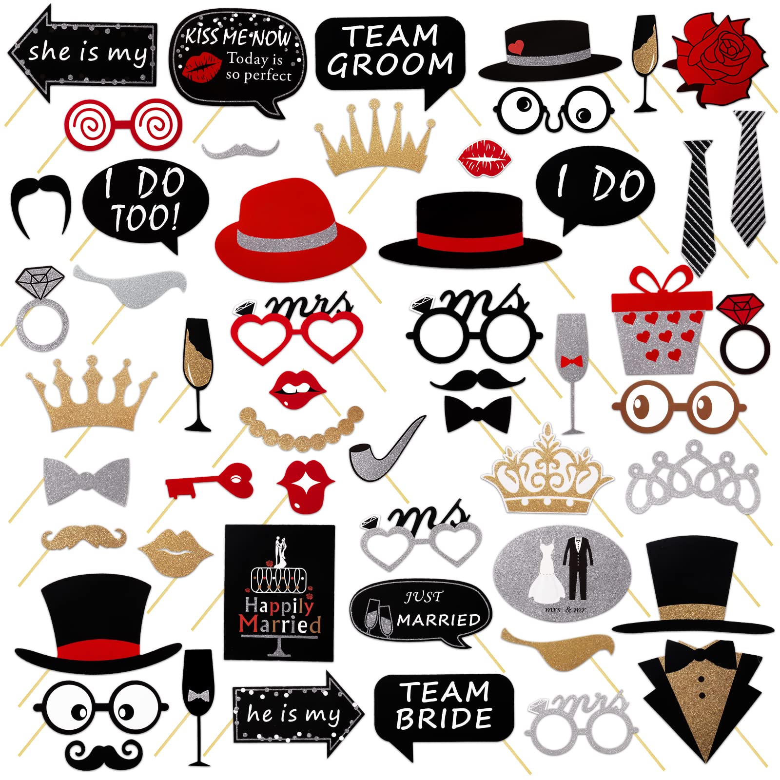Party Photobooth Props - 54 Pcs Valentine's Day & Wedding Photo Decorations Kit