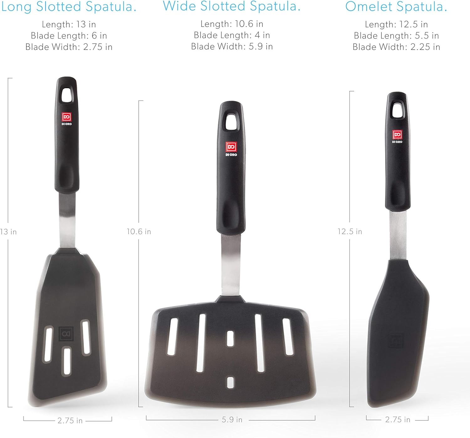 New DI ORO Designer Series Elite 3-Piece Turner Spatula Set - 600F Heat-Resistant Rubber Silicone Spatulas - Includes Slotted Fish, Omelet, and Wide Slotted Turners - LFGB Certified and BPA Free: Kitchen & Dining