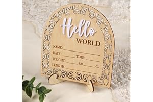HOUISM Bleed Proof Engineered Wood, 5.5 Inch Wooden Birth Announcement Sign with Easel Stand, 3D Arcylic Hello Sign, Newborn Announcement Plaque for Girl Boy Photo Prop Baby Shower Nursery Hospital - Birch