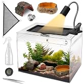 AZV Reptile Terrarium Starter Kit,8 Piece 3.2-Gal Clear PC Hermit Crab Tank | All-in-One Frogs Tarantulas Habitat with Heat Lamp,Digital Thermometer Hygrometer,Hide,Tweezer,Bowl,Sprayer,Locking Mesh Top