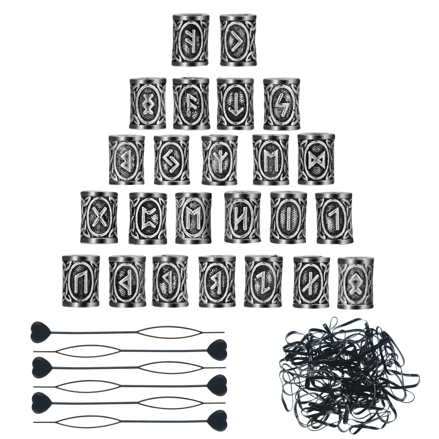 24 Pieces Hair Beard Beads Braiding Beads Norse Viking Beads, 6 Pieces Pull Hair Pin Quick Beader and 160 Pieces Black Rubber Bands with Pouch for Bracelets Necklace Pendant (Sliver)