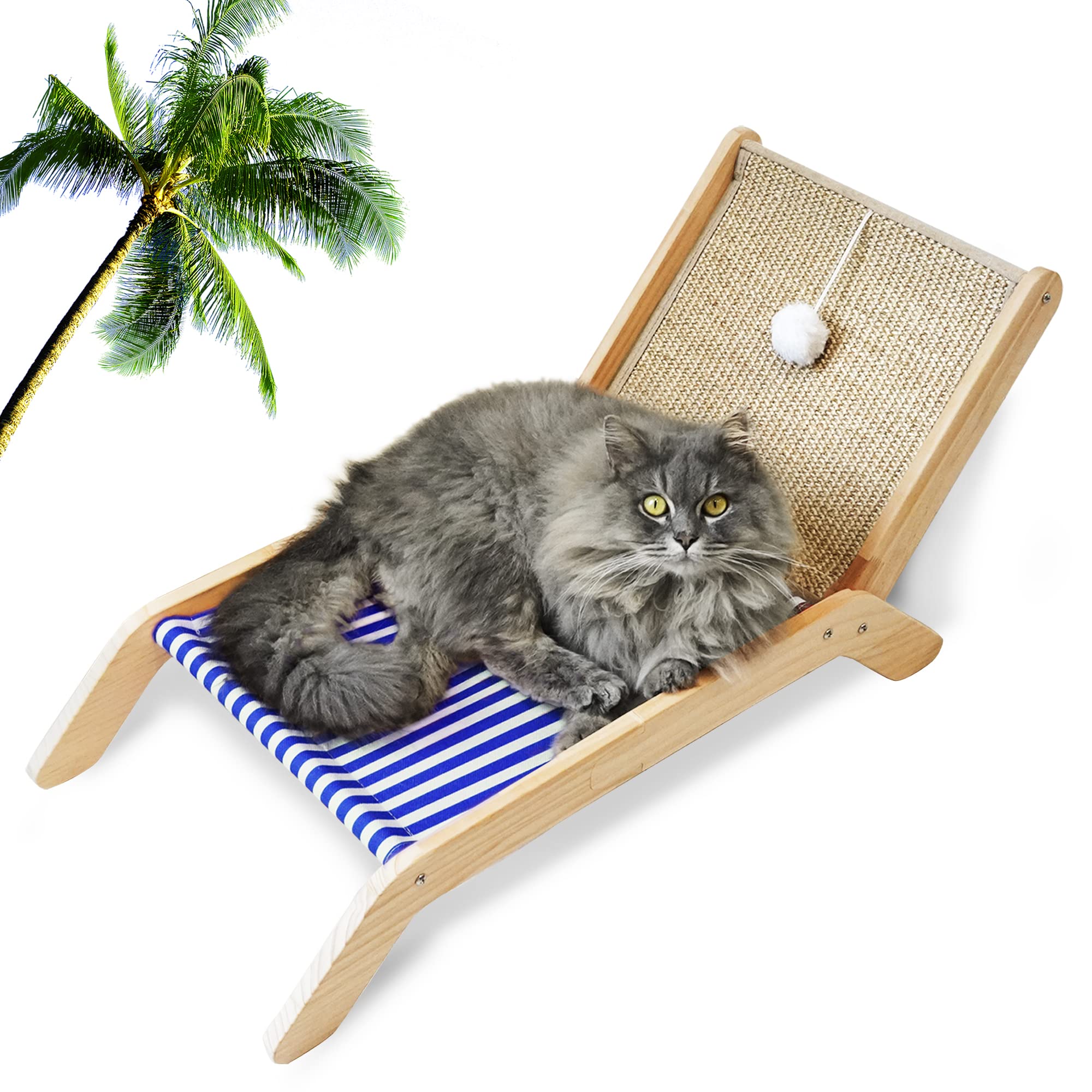 PETKARAY Beach Chair Cat Hammock, Elevated Cat Beds for Indoor Cats, Original Cozy Cat Lounger with Sisal Scratcher and Toy Ball