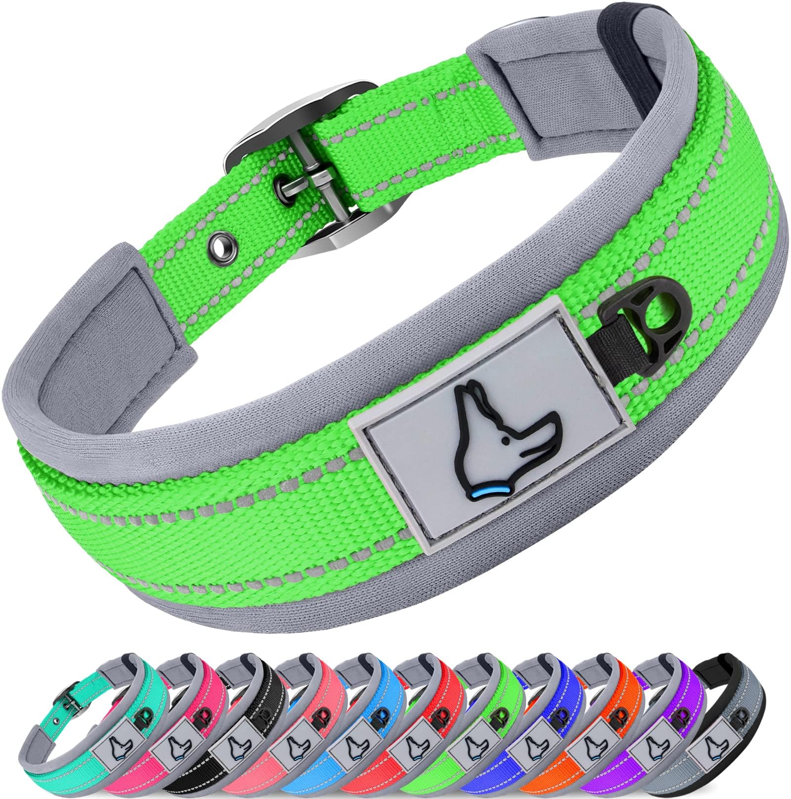 Joytale Reflective Dog Collar Small Dog | Ultra Comfy Soft Neoprene Padded | Heavy Duty Metal Belt Buckle, Green