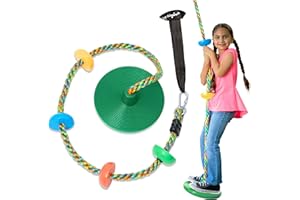Jungle Gym Kingdom Tree Swing for Kids - Single Disc Seat and Rainbow Climbing Rope Set w/Carabiner and 4 Foot Strap - Treehouse and Outdoor Playground Accessories - Green