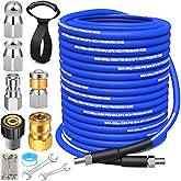 100FT Sewer Jetter Kit for Pressure Washer, 5800 PSI Drain Jetter Kit, Water Jet Drain Cleaner 1/4 Inch NPT Corner, Jetter Hose with Rotating Button Sewer Jetting Nozzle, Tape Pearl Corsage Pin Strap
